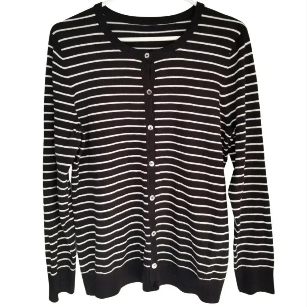 Jones New York Black White Striped Cardigan Classic Stretch Button Front Size L
